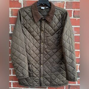 JC Penney Mens Olive Green Quilted M Snap Up Puffer Jacket w/ Corduroy Collar T4